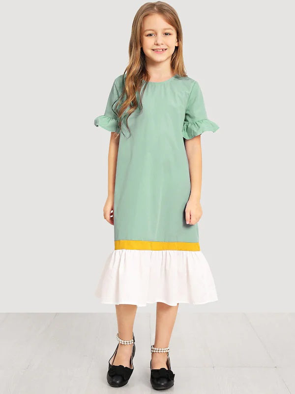 CM-KD412620 Girls Seoul Style Keyhole Back Cut And Sew Dress - Light Green