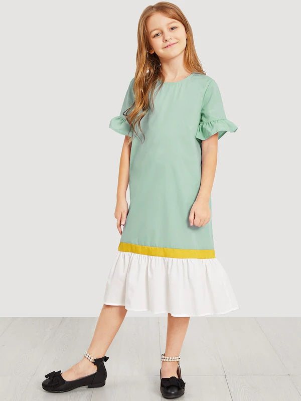 CM-KD412620 Girls Seoul Style Keyhole Back Cut And Sew Dress - Light Green