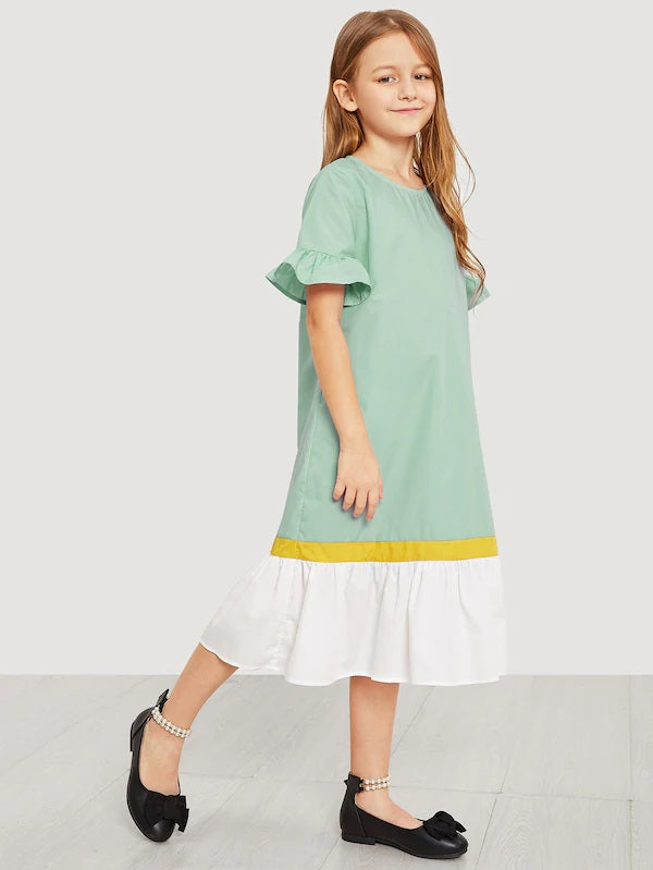 CM-KD412620 Girls Seoul Style Keyhole Back Cut And Sew Dress - Light Green