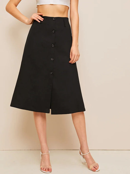 CM-BS325404 Women Casual Seoul Style High Waist Button Front Solid A-Line Skirt - Black