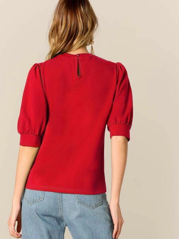 CM-TS415726 Women Casual Seoul Style Half Puff Sleeve Keyhole Back Top - Red