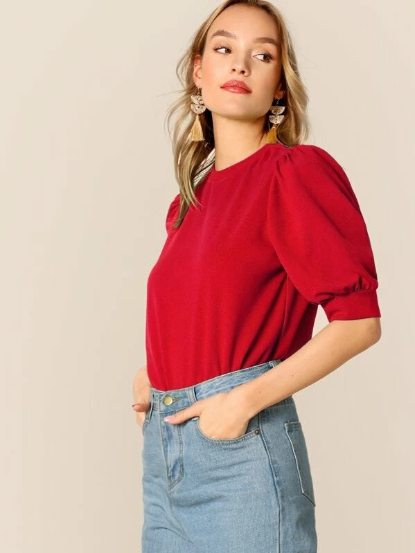 CM-TS415726 Women Casual Seoul Style Half Puff Sleeve Keyhole Back Top - Red