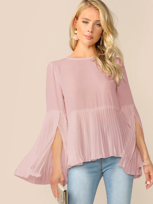 CM-TS418167 Women Elegant Seoul Style Zip Back Split Sleeve Pleated Top - Pink