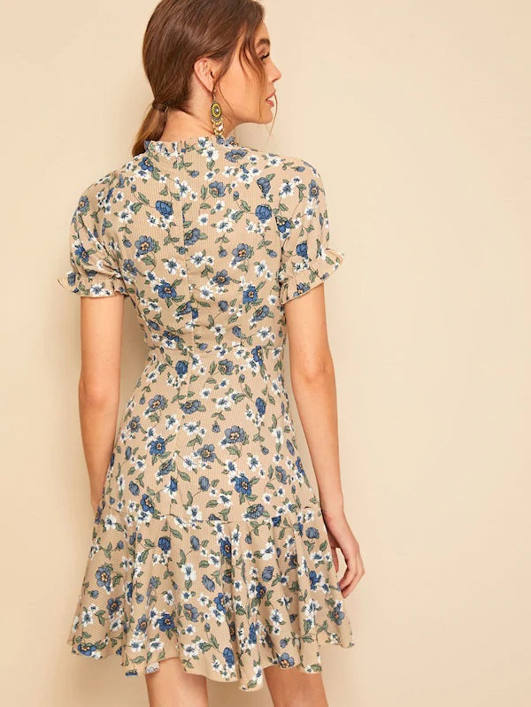 CM-DS325551 Women Vintage Seoul Style Frill Neck Button Up Flounce Hem Floral Tea Dress