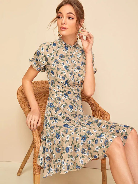 CM-DS325551 Women Vintage Seoul Style Frill Neck Button Up Flounce Hem Floral Tea Dress