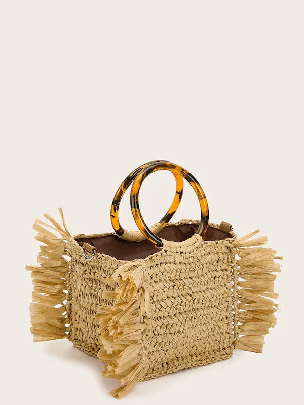 CM-BGS415705 Women Elegant Bohemian Style Fringe Decor Tortoiseshell Handle Satchels - Khaki