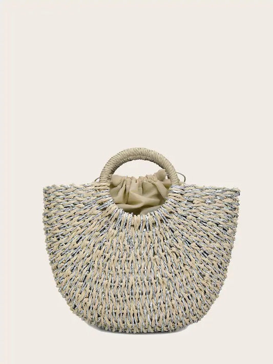 CM-BGS424822 Women Trendy Bohemian Style Moon Shaped Woven Tote Bag - Gray