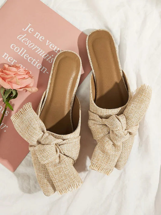 CM-SHS424730 Women Elegant Seoul Style Knot Decor Flat Mules - Khaki