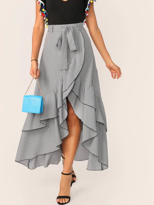 CM-BS409701 Women Casual European Style Belted Layered Ruffle Hem Asymmetrical Skirt - Navy Blue