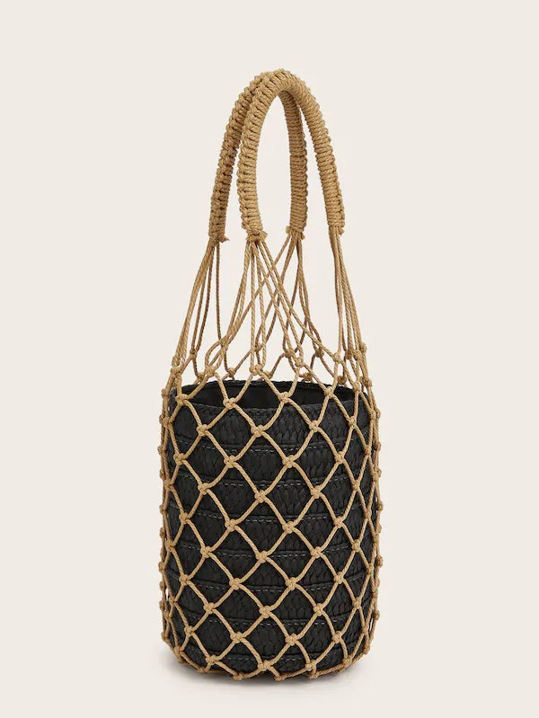 CM-BGS214310 Women Trendy Bohemian Style Woven Net Tote Bag With Drawstring - Black