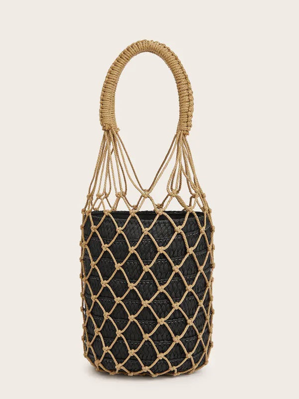 CM-BGS214310 Women Trendy Bohemian Style Woven Net Tote Bag With Drawstring - Black