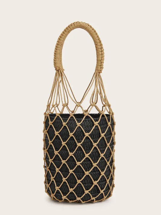 CM-BGS214310 Women Trendy Bohemian Style Woven Net Tote Bag With Drawstring - Black