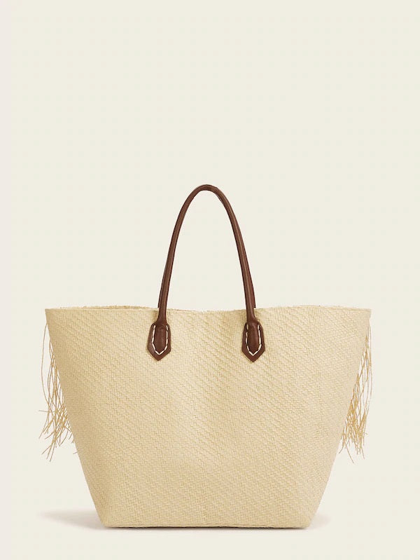 CM-BGS410715 Women Trendy Bohemian Style Fringe Decor Winged Tote Bag - Beige