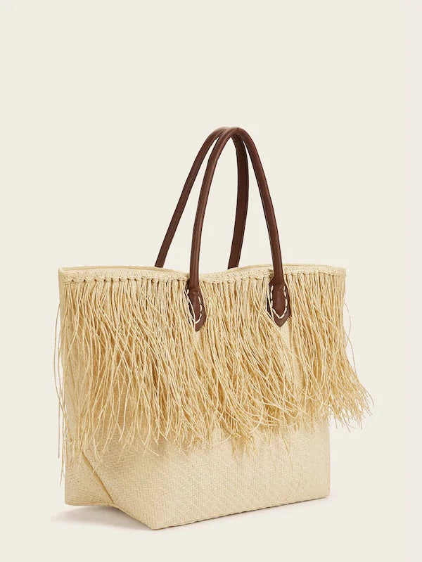 CM-BGS410715 Women Trendy Bohemian Style Fringe Decor Winged Tote Bag - Beige