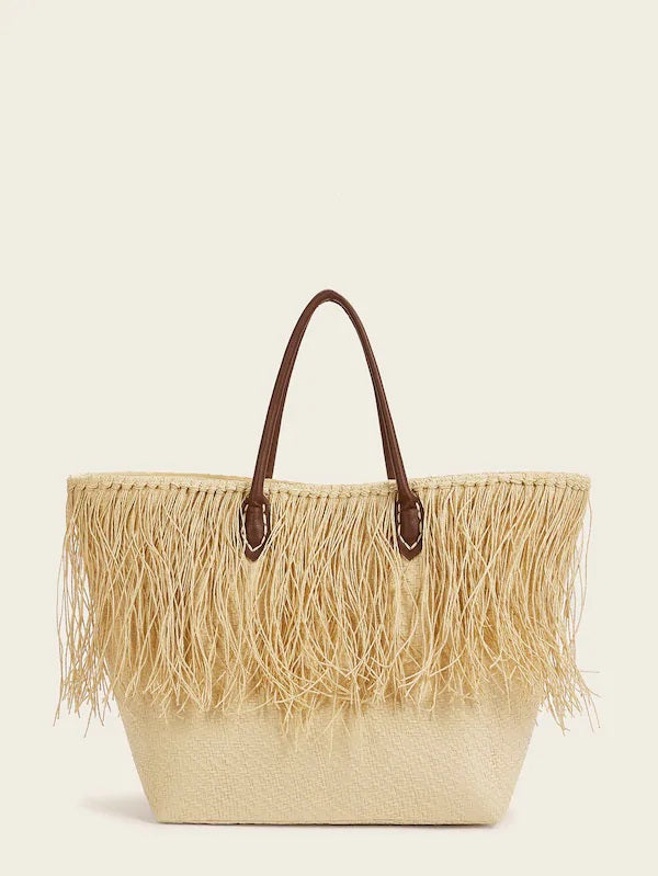 CM-BGS410715 Women Trendy Bohemian Style Fringe Decor Winged Tote Bag - Beige