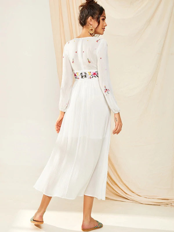 CM-DS408933 Women Elegant Seoul Style Deep V-Neck Tassel Trim Floral Embroidered Dress - White