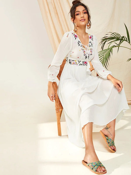 CM-DS408933 Women Elegant Seoul Style Deep V-Neck Tassel Trim Floral Embroidered Dress - White