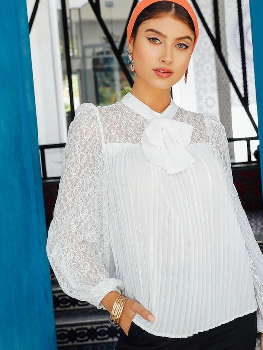 CM-TS409313 Women Elegant Seoul Style Tie Neck Sheer Lace Yoke Trim Pleated Top - White