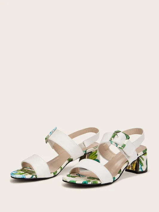 CM-SHS502305 Women Casual Seoul Style Summer Tropical Print Buckle Strap Chunky Heels