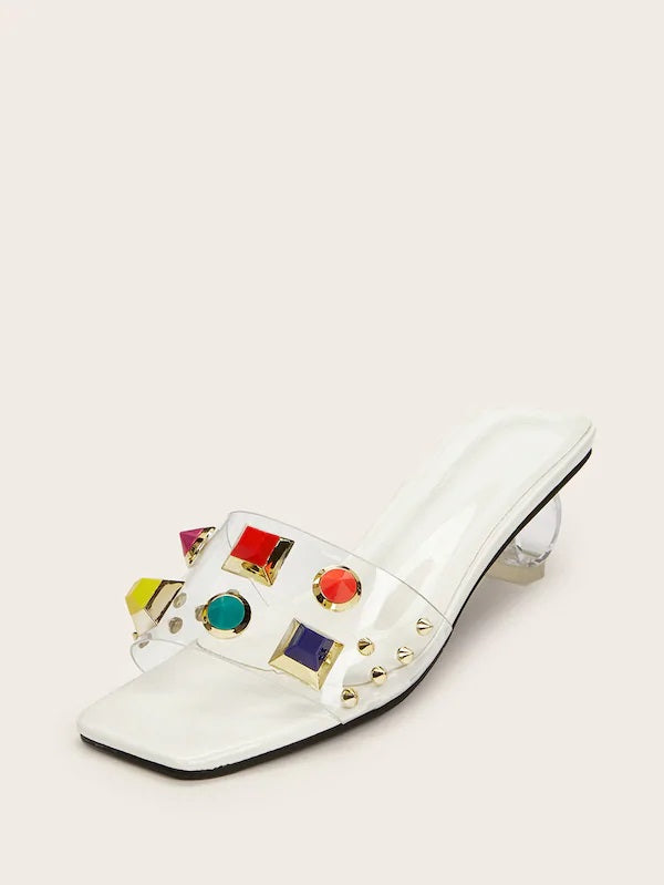 CM-SHS502897 Women Elegant Seoul Style Studded Decor Clear Heeled Mules - White