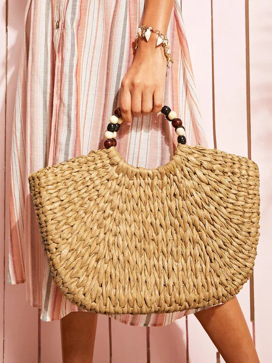 CM-BGS419808 Women Elegant Bohemian Style Shell Decor Straw Plaited Tote Bag - Brown