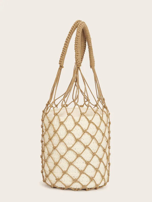 CM-BGS214309 Women Trendy Bohemian Style Bucket Net Bag With Drawstring - White