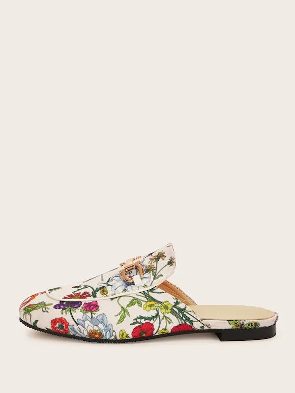 CM-SHS506253 Women Trendy Seoul Style Floral Pattern Buckle Decor Flat Mules