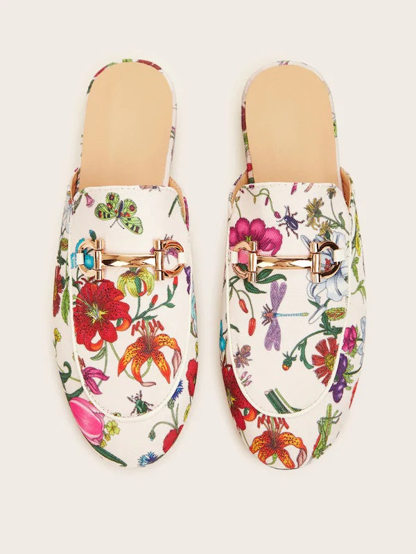 CM-SHS506253 Women Trendy Seoul Style Floral Pattern Buckle Decor Flat Mules