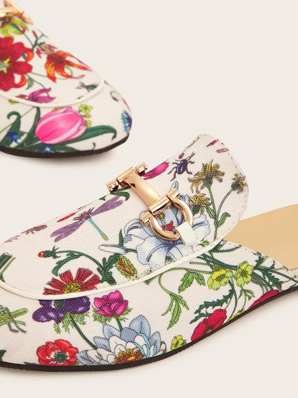 CM-SHS506253 Women Trendy Seoul Style Floral Pattern Buckle Decor Flat Mules