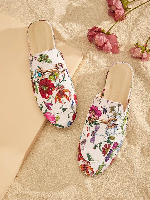 CM-SHS506253 Women Trendy Seoul Style Floral Pattern Buckle Decor Flat Mules