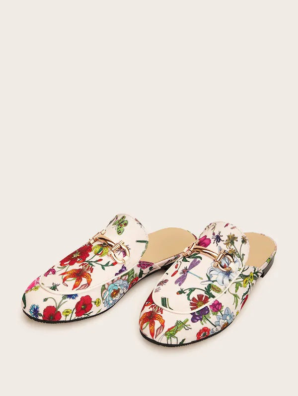 CM-SHS506253 Women Trendy Seoul Style Floral Pattern Buckle Decor Flat Mules