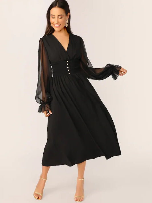CM-DS415479 Women Elegant Seoul Style Mesh Lantern Sleeve Buttoned Shirred Waist Dress - Black