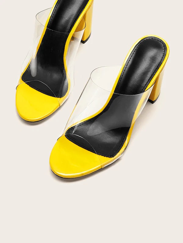 CM-SHS507808 Women Elegant Seoul Style Open Toe Clear Mule Chunky Heels - Yellow