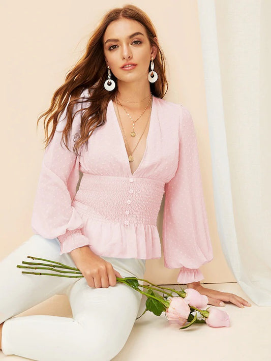 CM-TS409415 Women Elegant Seoul Style Deep V-Neck Peplum Smocked Jacquard Blouse - Pink