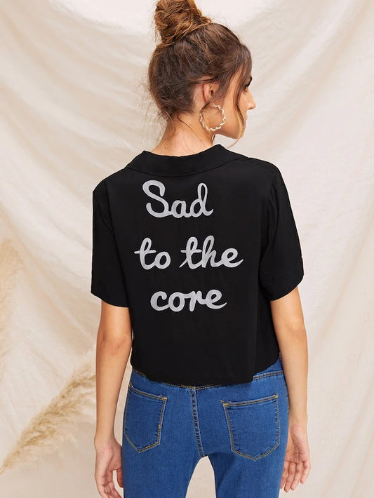 CM-TS507986 Women Casual Seoul Style Short Sleeve Letter Print Knot Blouse - Black
