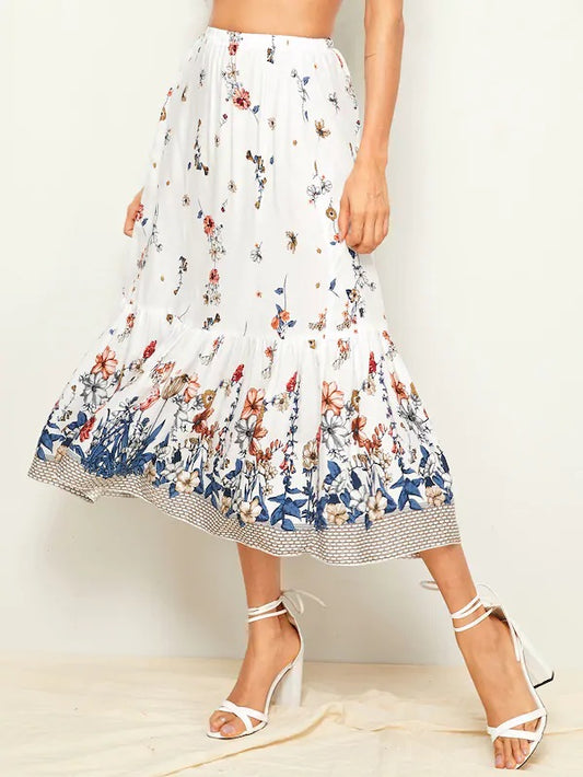 CM-BS402422 Women Casual Seoul Style Mid Waist Floral Print Flippy Hem Skirt - White