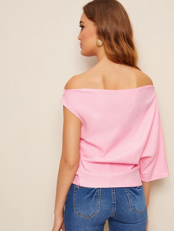 CM-TS508622 Women Trendy Seoul Style Solid Asymmetrical Sleeve Off Shoulder Blouse - Pink