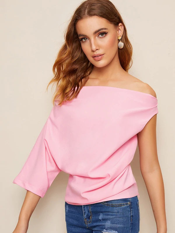 CM-TS508622 Women Trendy Seoul Style Solid Asymmetrical Sleeve Off Shoulder Blouse - Pink