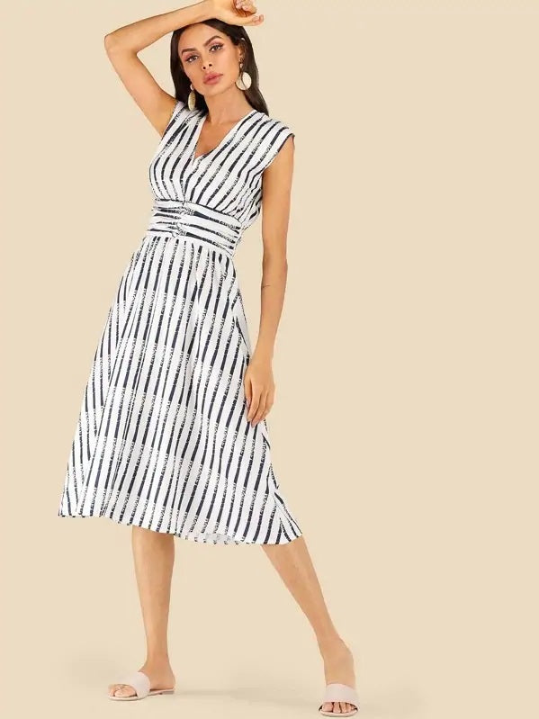 CM-DS508969 Women Casual Seoul Style Sleeveless Lace Up Back Striped Midi Dress - White