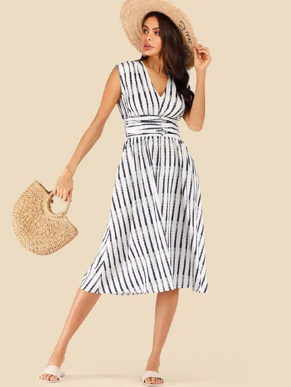 CM-DS508969 Women Casual Seoul Style Sleeveless Lace Up Back Striped Midi Dress - White