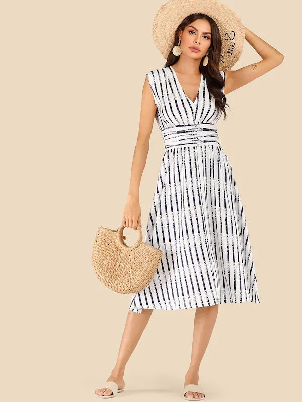 CM-DS508969 Women Casual Seoul Style Sleeveless Lace Up Back Striped Midi Dress - White