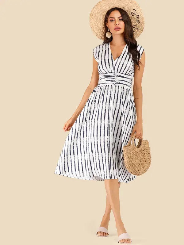 CM-DS508969 Women Casual Seoul Style Sleeveless Lace Up Back Striped Midi Dress - White