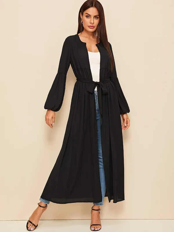 CM-CS415965 Women Casual Seoul Style Round Neck Lantern Sleeve Self Belted Coat - Black