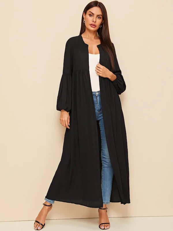 CM-CS415965 Women Casual Seoul Style Round Neck Lantern Sleeve Self Belted Coat - Black