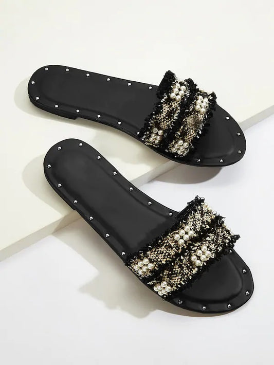 CM-SHS506023 Women Casual Seoul Style Faux Pearl Decor Open Toe Flat Sliders - Black