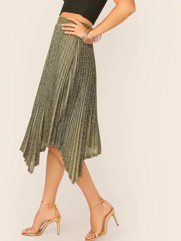 CM-BS412801 Women Elegant Seoul Style Asymmetrical Hem Pleated Glitter Skirt - Gold