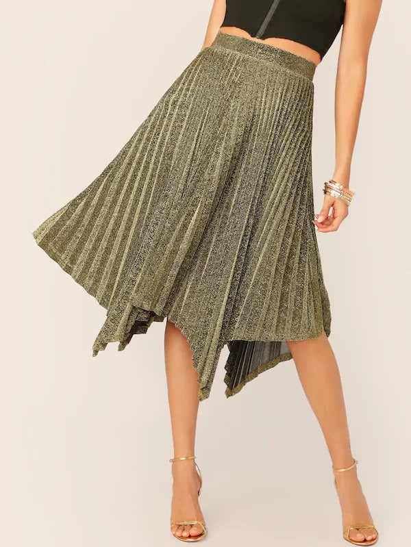 CM-BS412801 Women Elegant Seoul Style Asymmetrical Hem Pleated Glitter Skirt - Gold