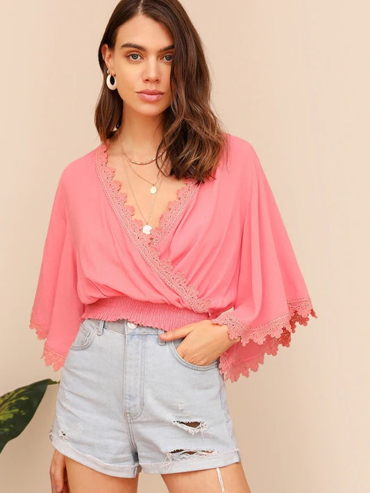 CM-TS411650 Women Casual Seoul Style Guipure Lace Trim Shirred Hem Wrap Top - Pink
