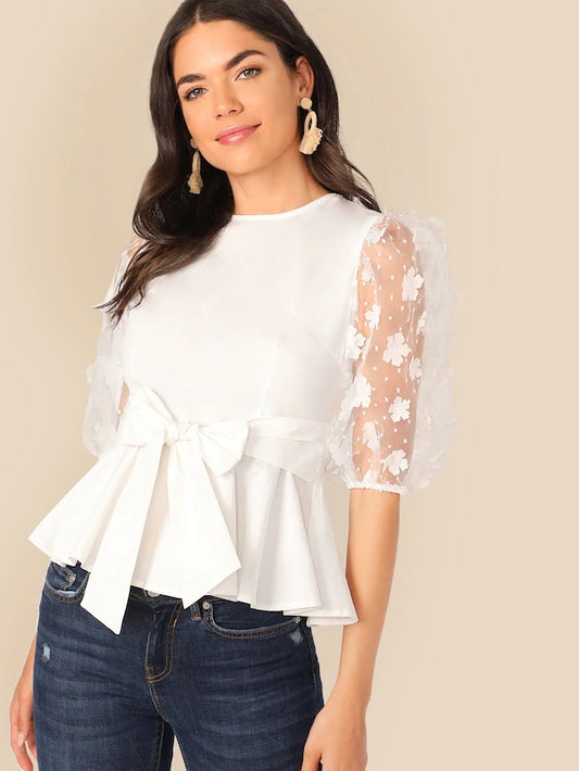 CM-TS415751 Women Casual Seoul Style Appliques Mesh Sleeve Tie Front Peplum Top - White
