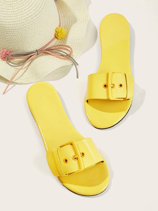 CM-SHS510932 Women Casual Seoul Style Buckle Decor Flat Sliders - Yellow